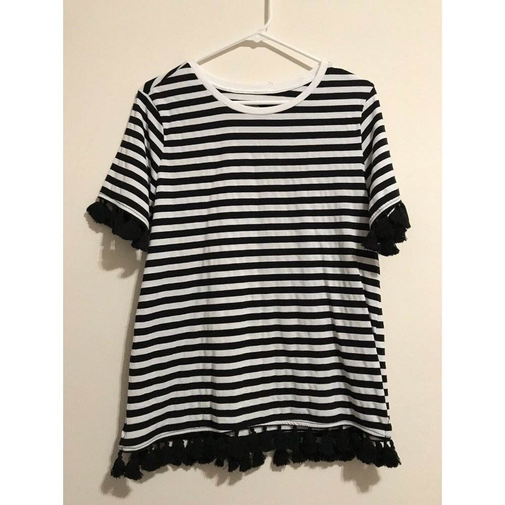 Boulevard striped black & white blouse shirt tassels hem size L